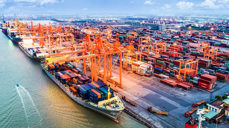Toàn cảnh cảng container với tàu hàng và cần cẩu